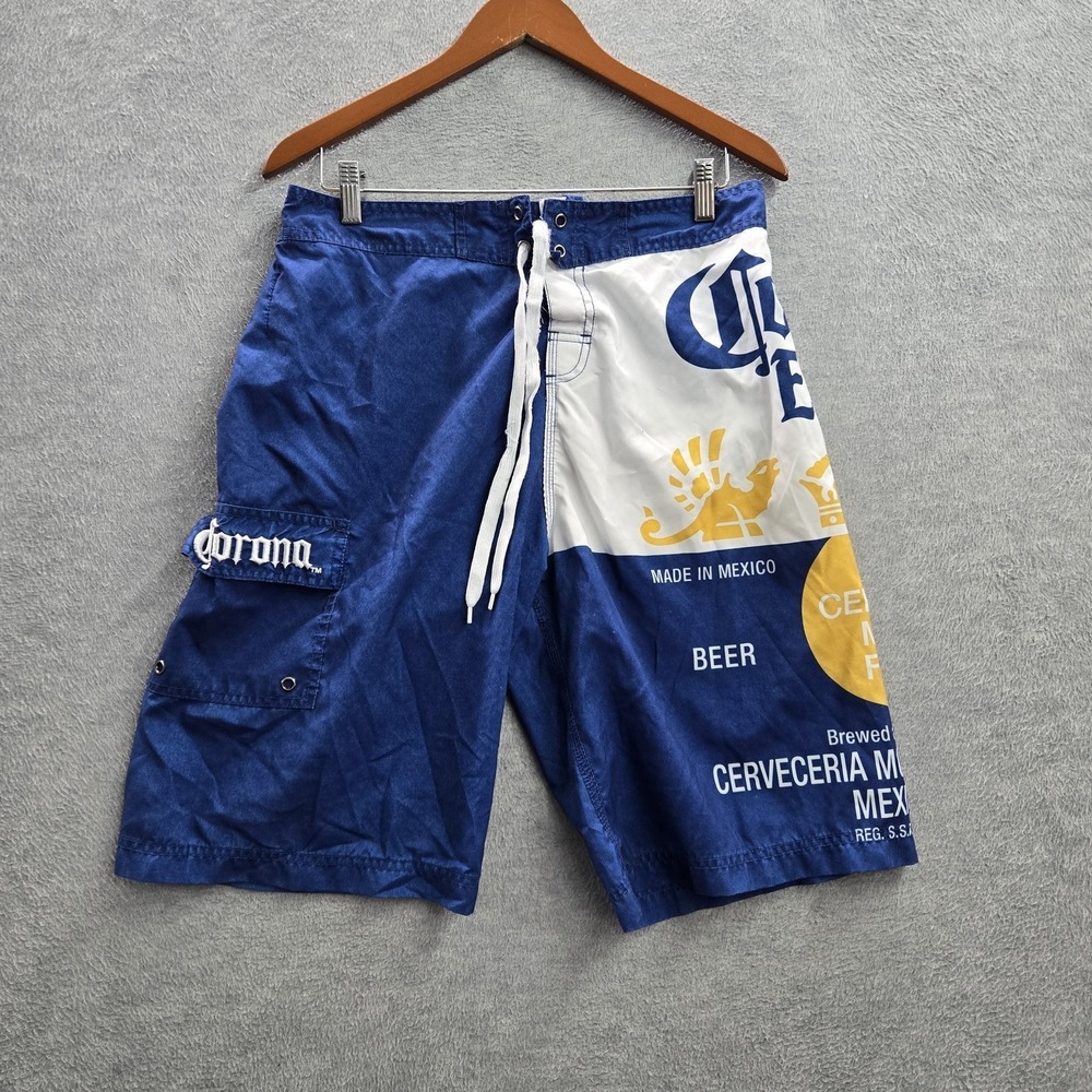 Corona Extra Men Swimwear LARGE (34) Blue Embroidered Cargo Swim Trunks Graphic